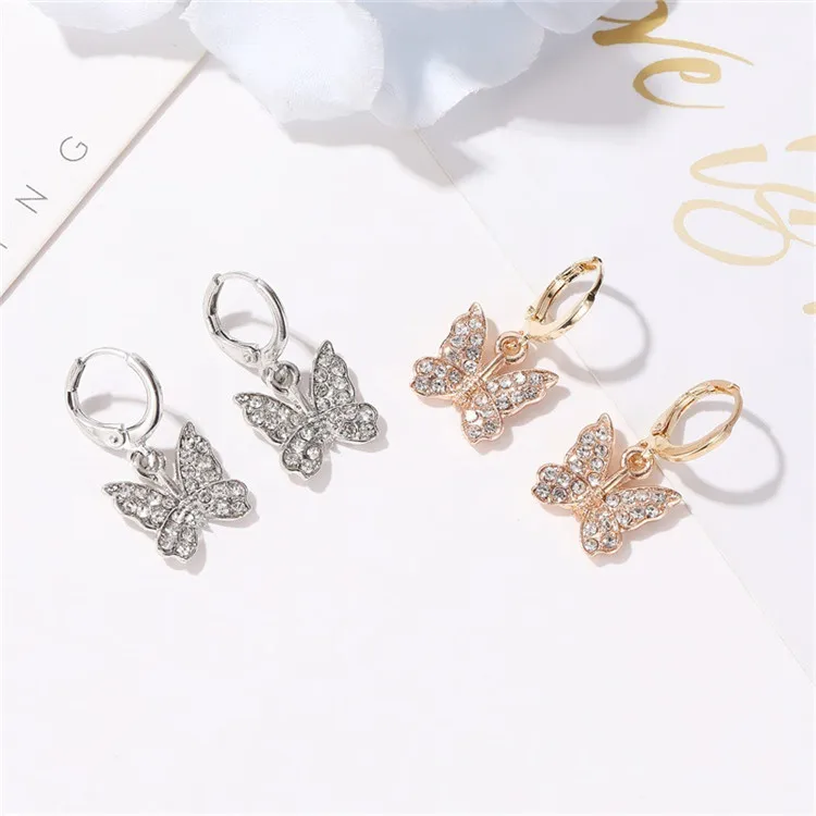 
Hot Style Women Gold Plated Butterfly Diamond Earrings Rhinestone Butterfly Hoop Earrings 