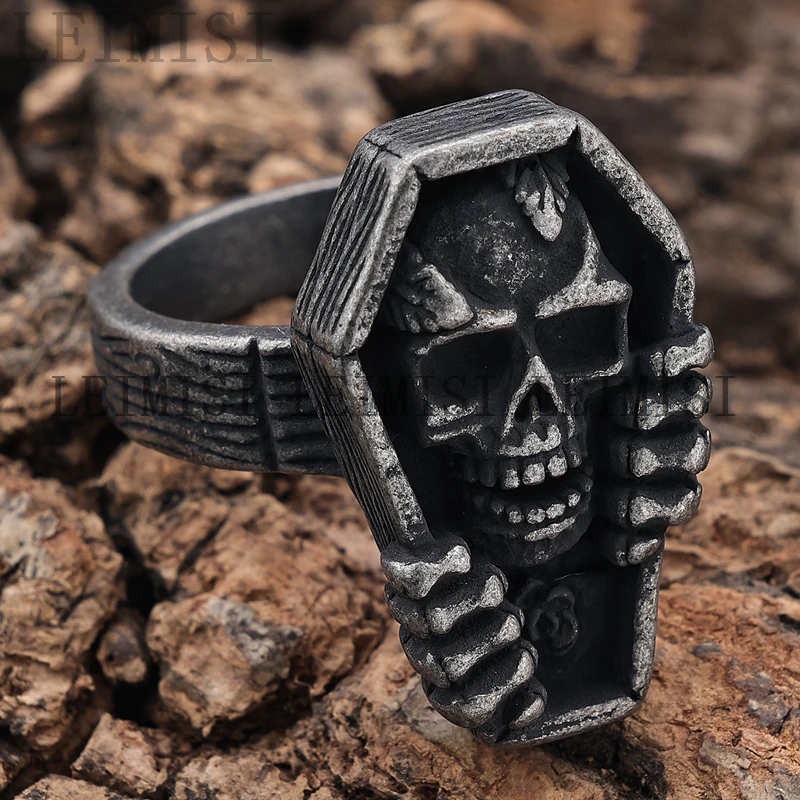 Mens Stainless Steel Dark Retro Gothic Punk Coffin Demon Satan Vampire Skull Biker Rock Hip Hop Signet Finger Ring Wholesale
