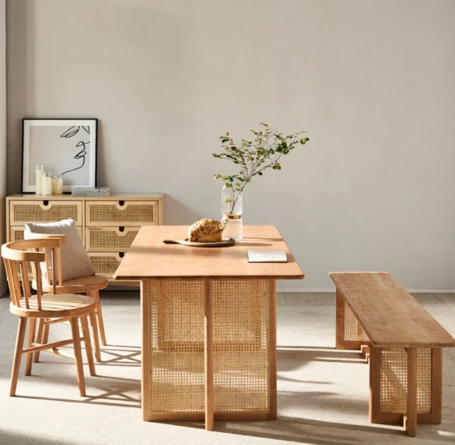 Rattan weaving dining table retro and simple solid wood table Wood Kitchen Restaurant dining table