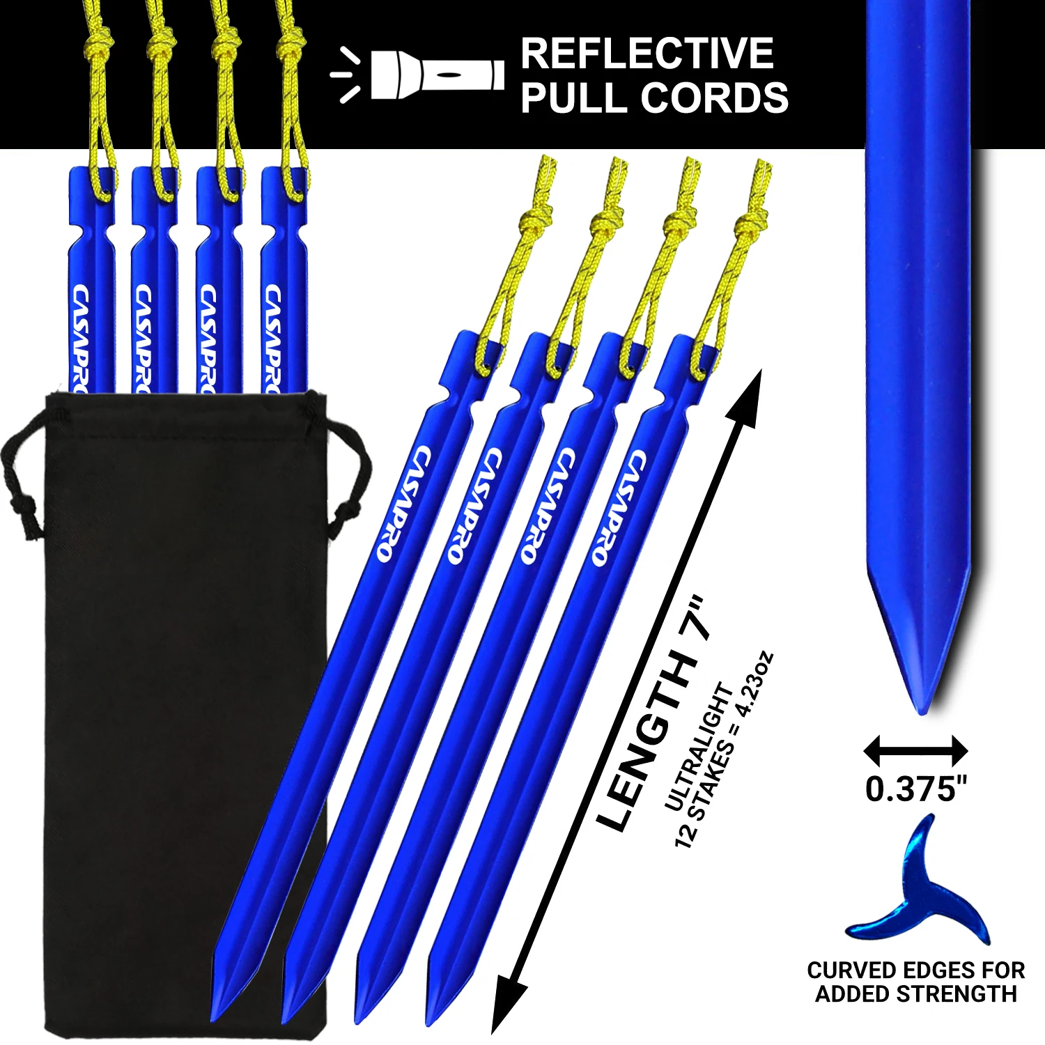 Hot sale Aluminum Tent Stakes Ultralight Y Beam Design with Reflective Pull Cords 12pcs Pack.