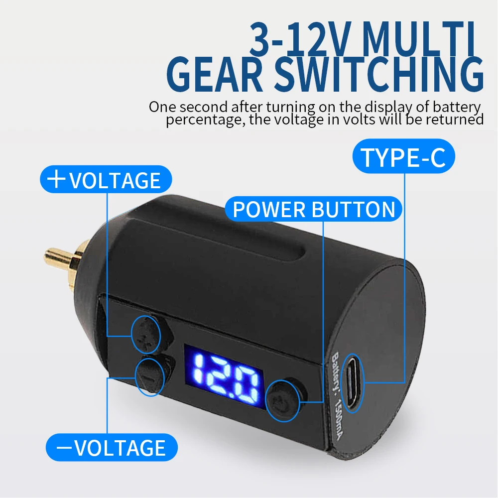 High Quality Wholesale Tattoo Machine Power Supply Mini Battery Grip DC RCA 1500mah Wireless USB Charge Black