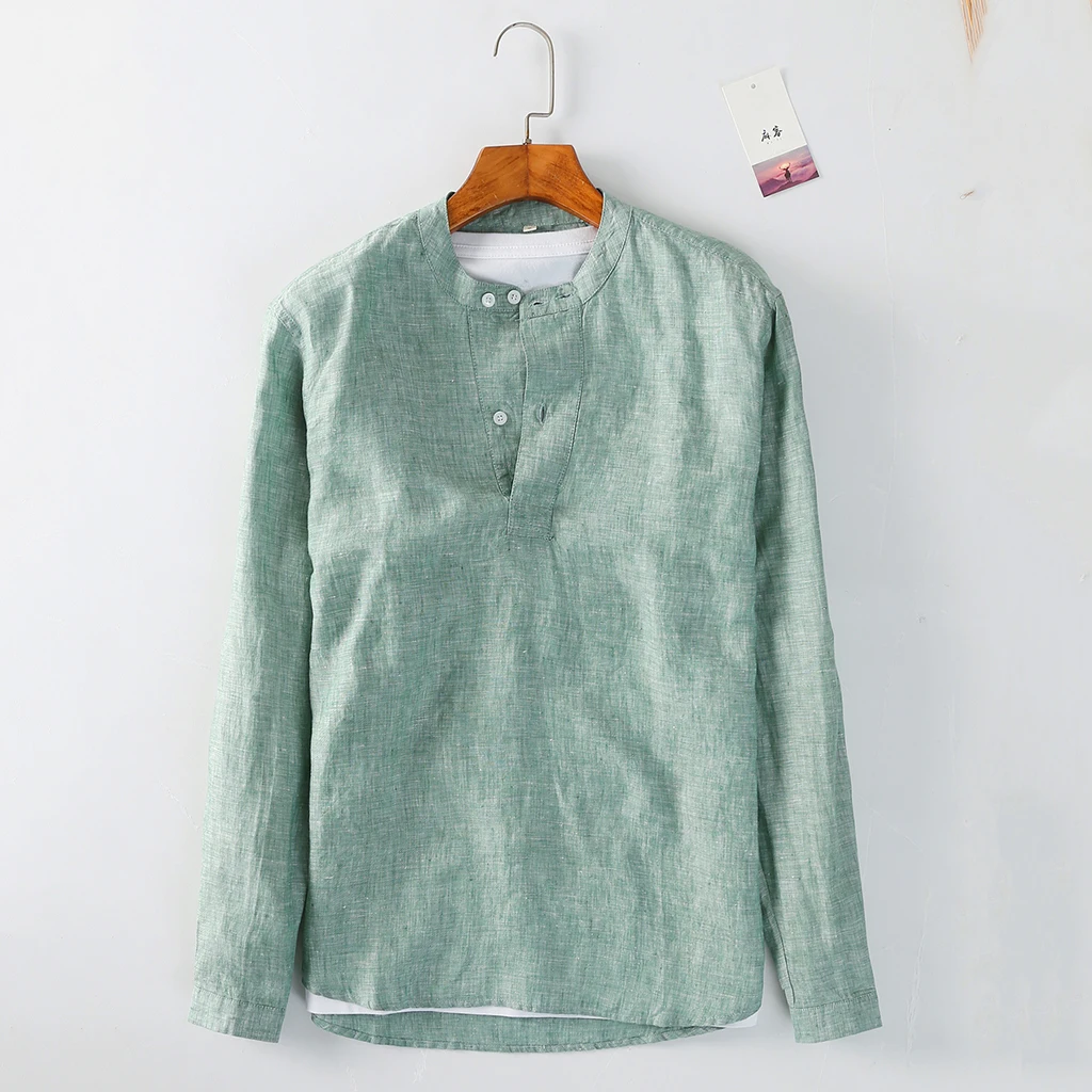 No Additives Fabric Linen Shirts 100% Full Hand Button T Shirts For Men