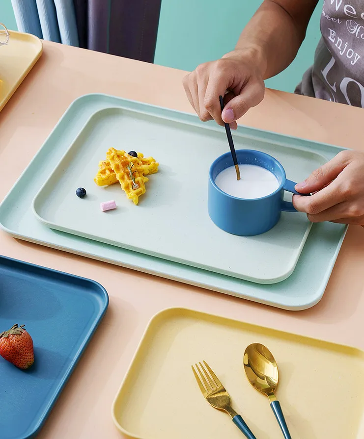 Eco-friendly Plastic Plate Reusable Rectangle Food Serving Tray Wheat Straw Dishes & Plates For Home Restaurant