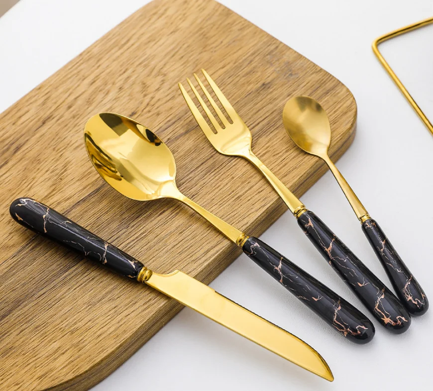 Dropshipping Decorated Ceramic Handled Stainless Steel Flatware Gilded Hand Grip Cutlery Set Spoons Forks Knives for Restaurant