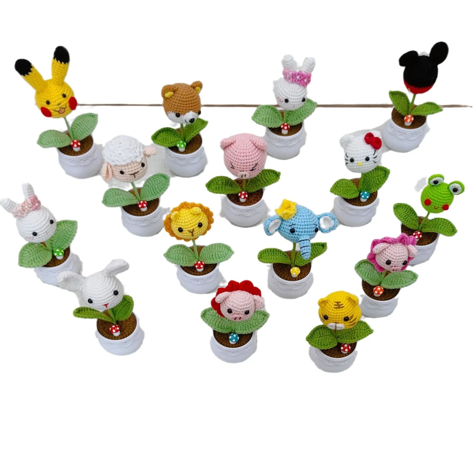 Creative Finished Handmade Home Decoration Woven Flowers pot Crochet Wool knitted frog rabbit pig bear Animal potted plant