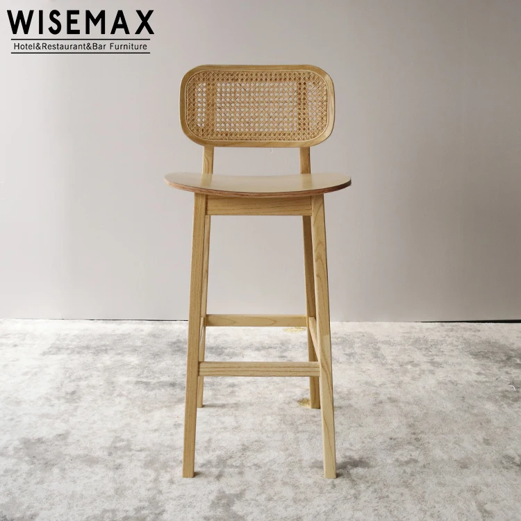 WISEMAX FURNITURE Modern High Back Wooden Rattan Bar Stool Chair Cane Wicker Dining Chair for Restaurant Cafe