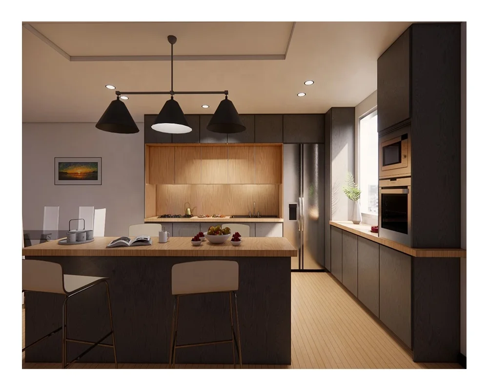 New Modern Wooden Veneer Matt Lacquer Finished Black Kitchen Cabinet Design