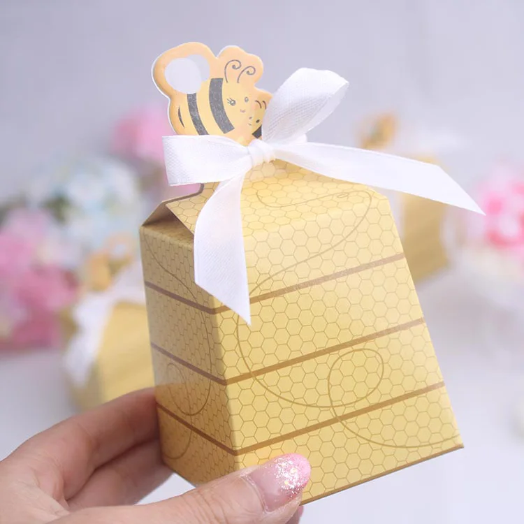 Cartoon Bee Yellow Hexagon Chocolate Sweet Candy Packaging Box For Baby Shower Party Decoration Kids Birthday Gift Boxes