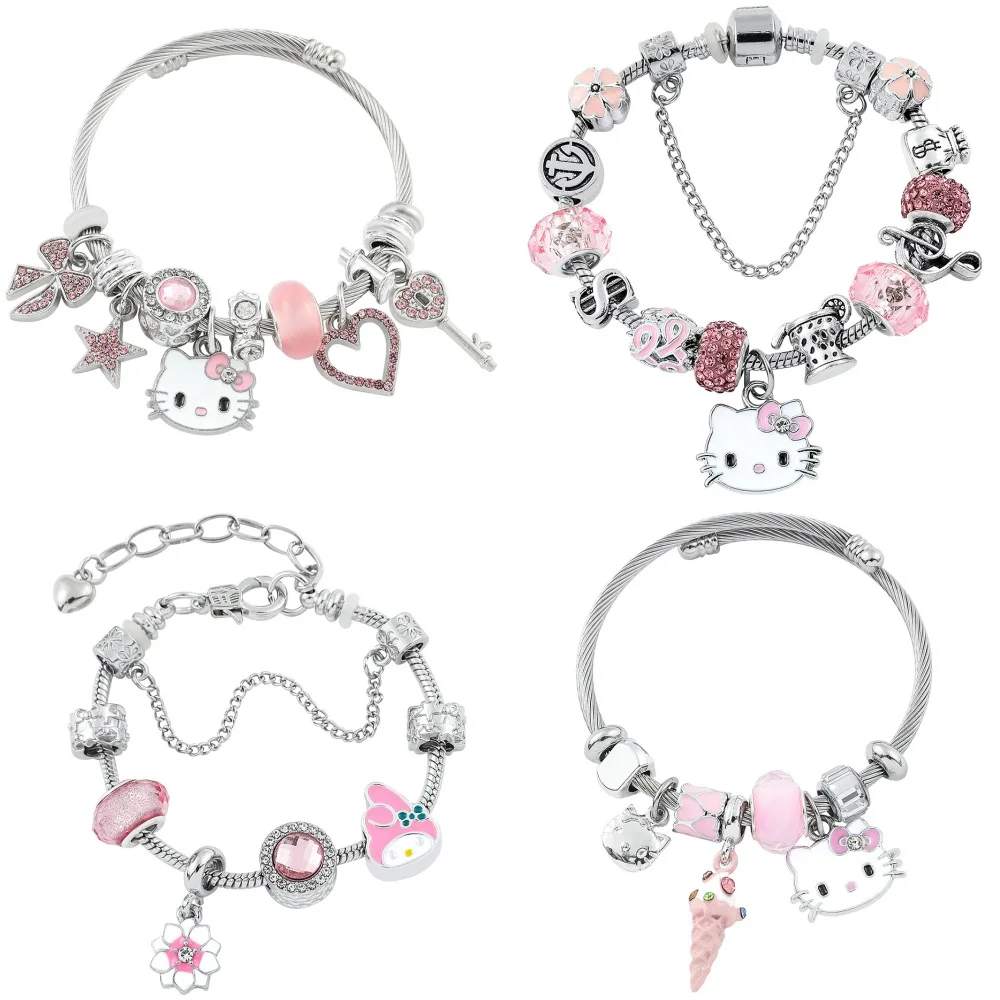 Low Price Hello KT Cartoon Cat Girl Bangle Crystal Beads DIY Kids Love Adjustable Hello Kitty Bracelet for Women Student