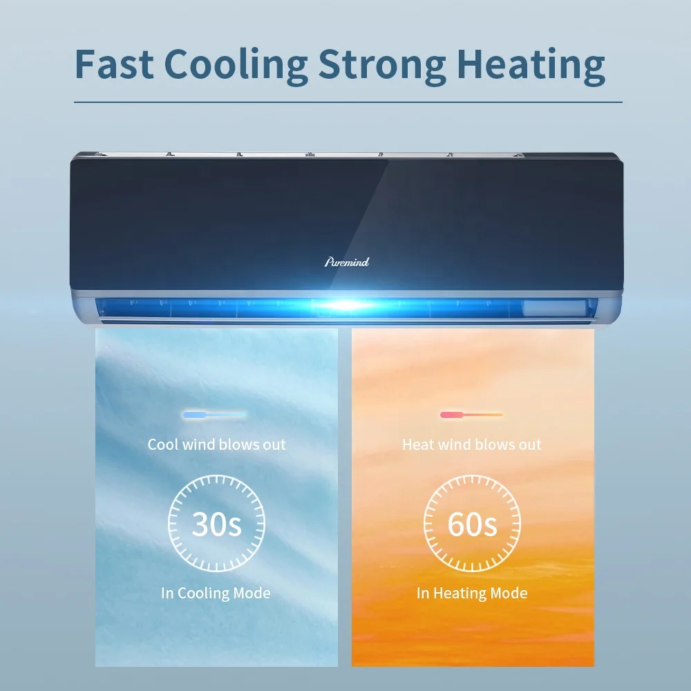 China Brand Puremind R32 R410a Wall Mounted Split Air Conditioner Inverter Cooling Fast 12000Btu 18000Btu 24000Btu