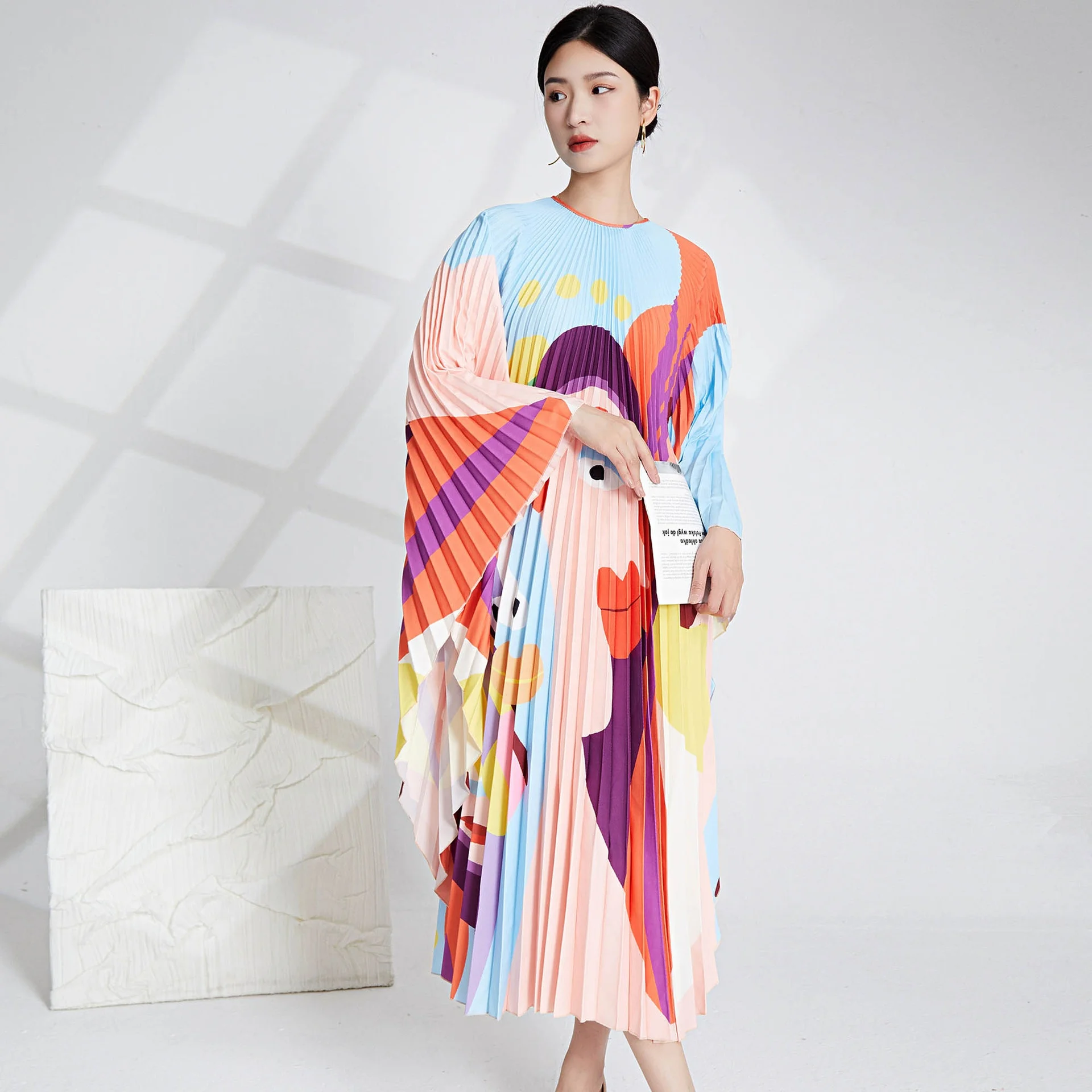 Женское свободное плиссированное платье с длинным рукавом, широкое Модное Длинное платье большого размера с принтом, 2023