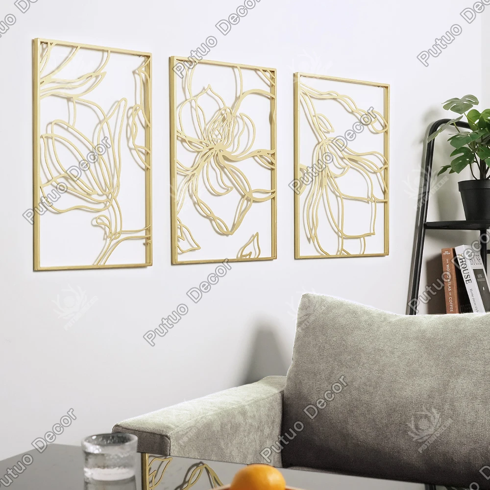 Putuo Decor Gold Flower Metal Wall Art Modern Minimalist Line Design Abstract Hanging Real Metal Wall Sculpture Accent