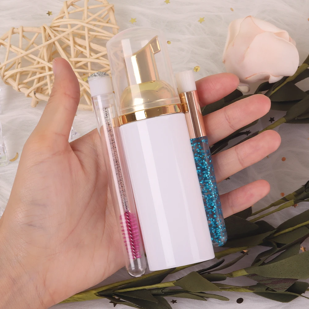 Custom Logo Personalised Oil Free Coconut Scented White Pink Mini Small Lash Shampoo Liquid Packing Bottles And Brush