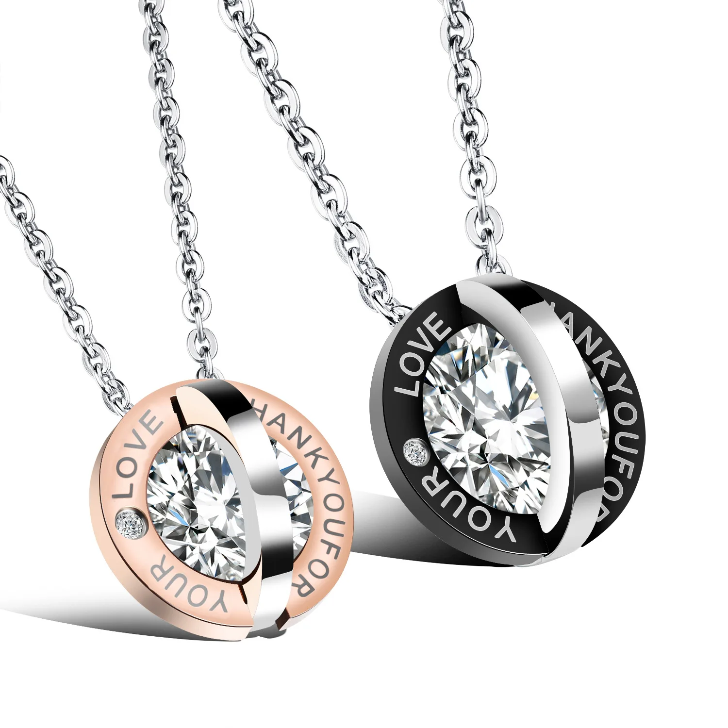 Wholesale Men Stainless Steel Round Inlaid Zircon Pendent Necklace for Couple Jewelry