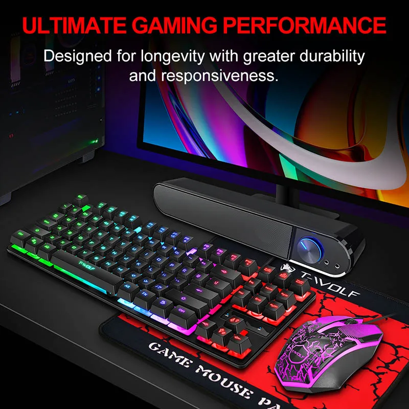 Проводная клавиатура и мышь TF260 3 в 1 с RGB-подсветкой, Игровая USB-клавиатура и мышь со светодиодной подсветкой, с большим ковриком для мыши