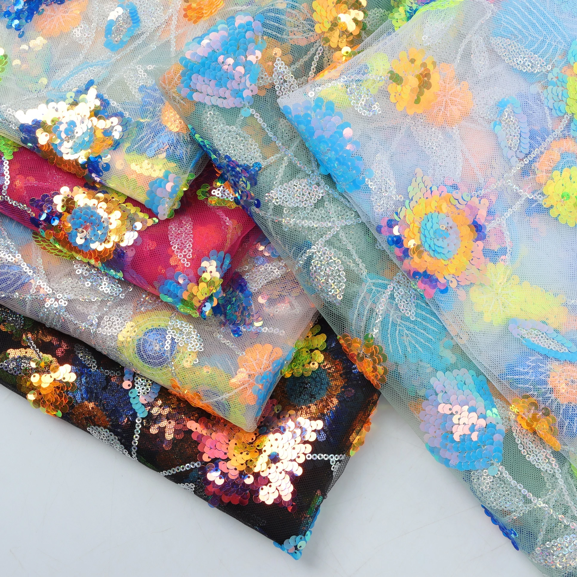 cheap wholesale price sequin fabric embroidery on 100% polyester multi-color backcloth for dress