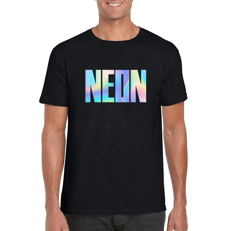 Bulk Custom Reflective Print Logo Black Graphic T-shirt Premium 100% Combed Cotton Men Holographic Vinyl T Shirts