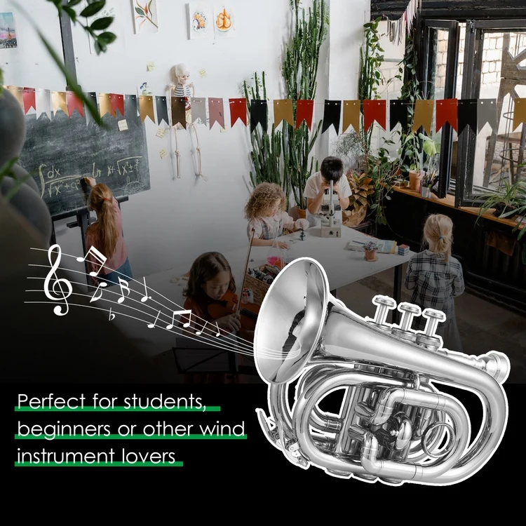Bb Trumpet Mini Pocket Trumpet with Mouthpiece Carry Bag Gloves Cleaning Cloth Brass Instrument