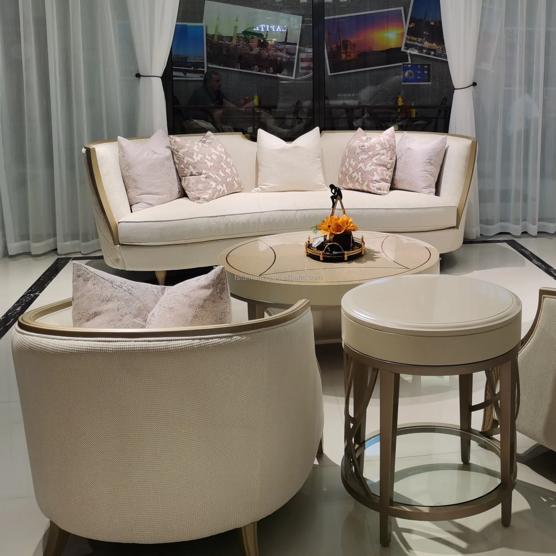 luxury champagne gold classic wooden frame french antique living room furniture fabric sofa couch set