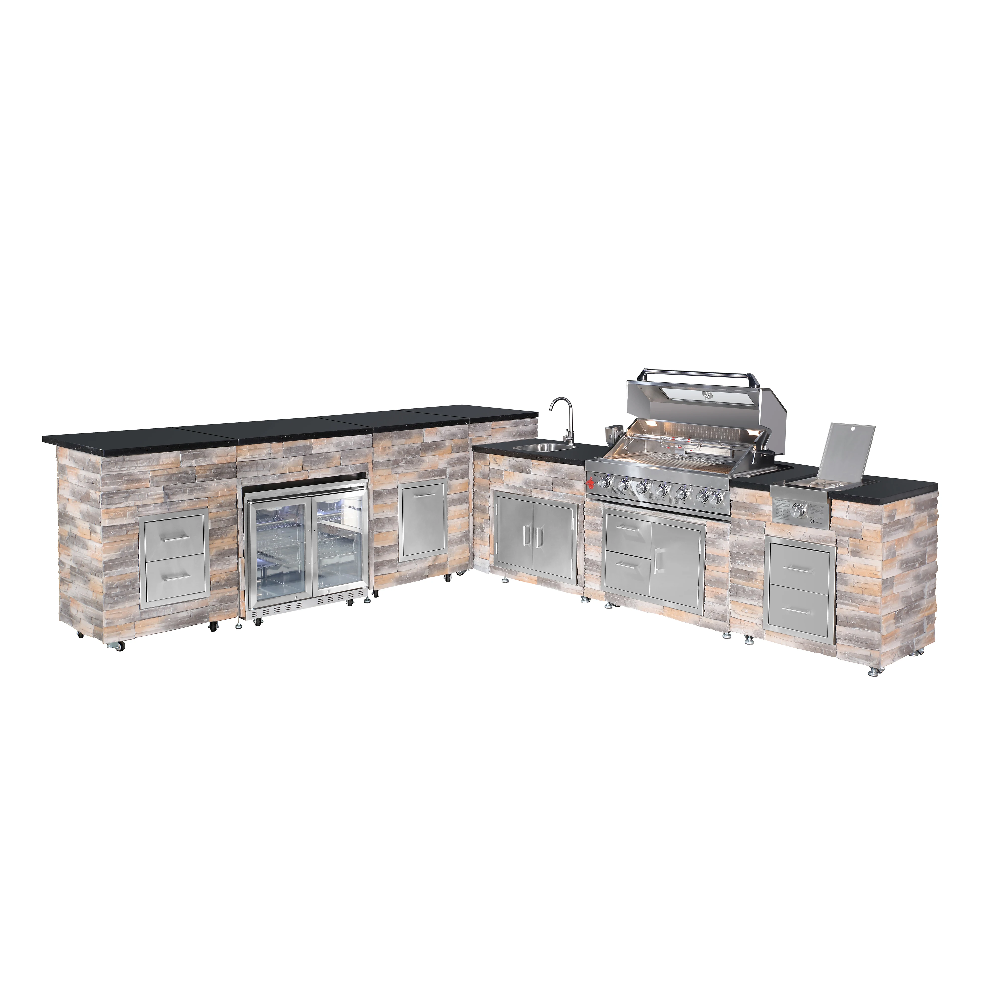 Full Outdoor Stone Barbecue Island with Grill Sink and Refrirator Powder Coated for Outdoor Kitchens