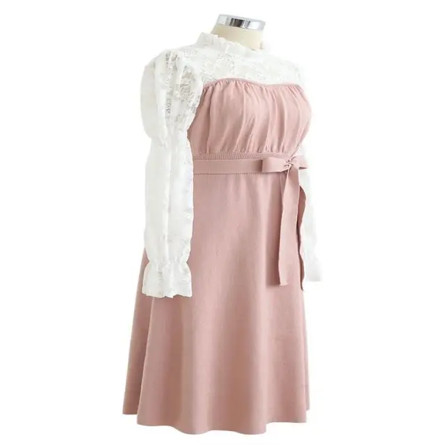 
Hot selling good quality white lace Long sleeved casual dresses pink dress with a bow 
