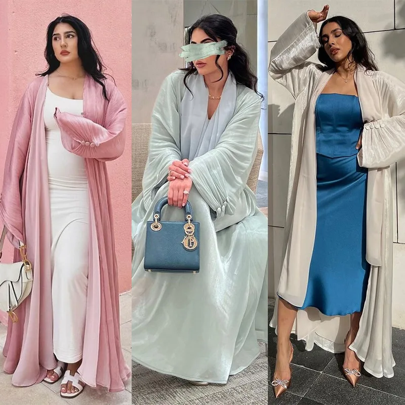 Eid Long Sleeves Dresses with Belt Women Muslim Open Embroidery Abaya Modest Islamic Clothing Moroccan Robe Arab Gown Dubai
