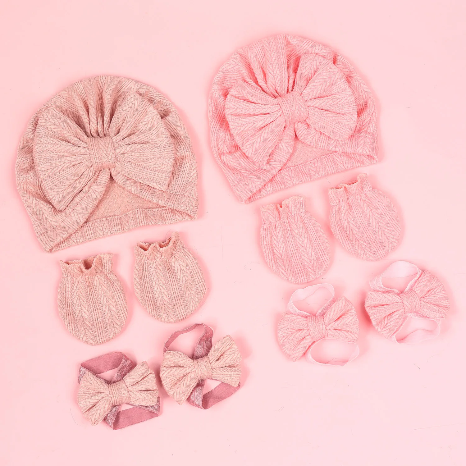 5Pcs/set Cotton Newborn Hats Caps Mittens Foot Cover Infant Felt Cute Bow Headwraps Baby Gloves Socks 0-3M Beanies