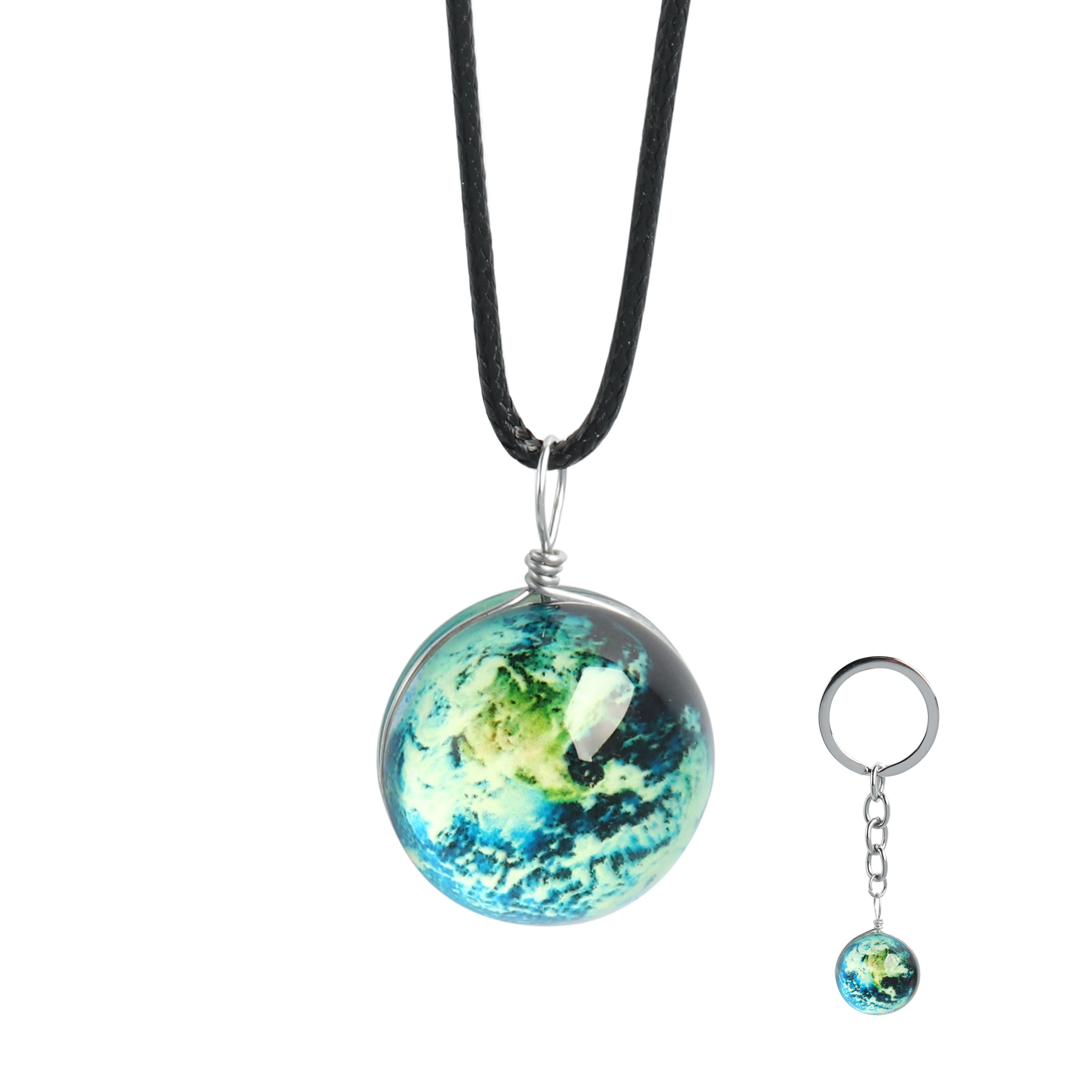 Solar System Necklace Galaxy Planet Pendant Double Side Glass Crystal Ball Universe Necklace Key chain Handmade Jewelry Set