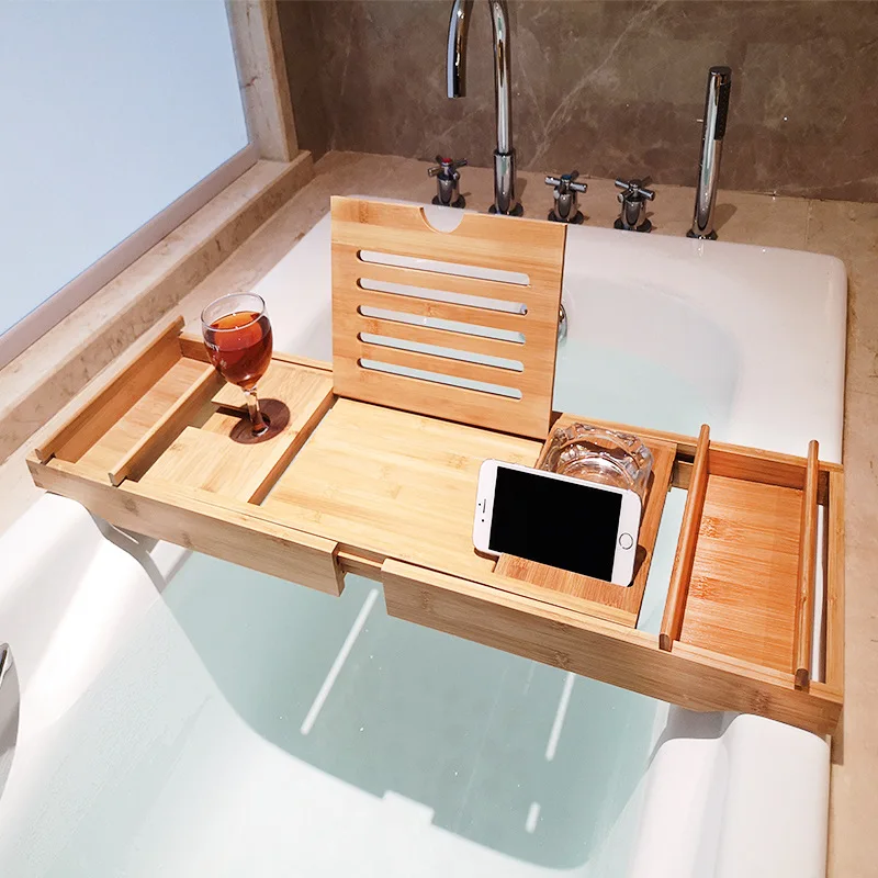 
Luxury expandable premium 100% natural stand bamboo wooden bath tub bathtub tray rack organizer caddy with Extending Sides 