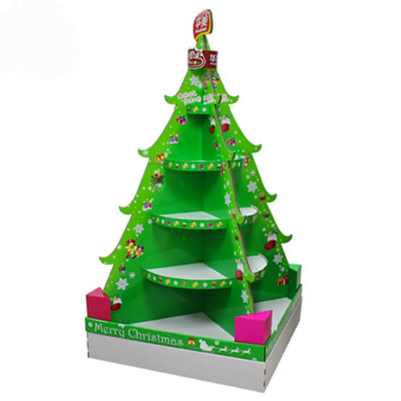 Customized Pos Paper pop pallet display cardboard Display Case shelves unit christmas tree shaped cardboard display stand