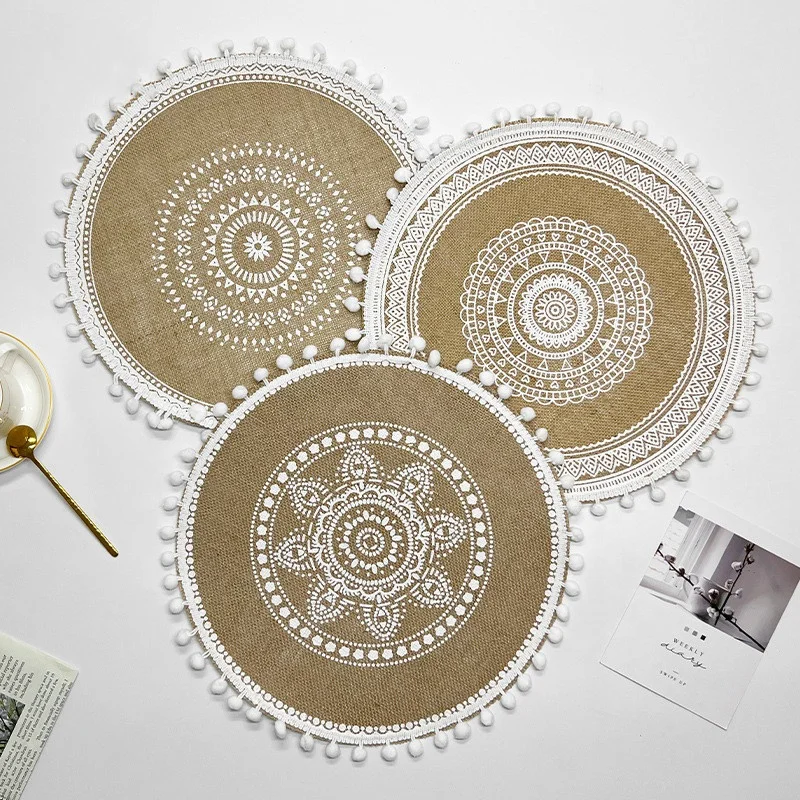 Homeplus New style round Boho knitted heat resistant jute dining table mats vintage natural decor table top tablewares coaster