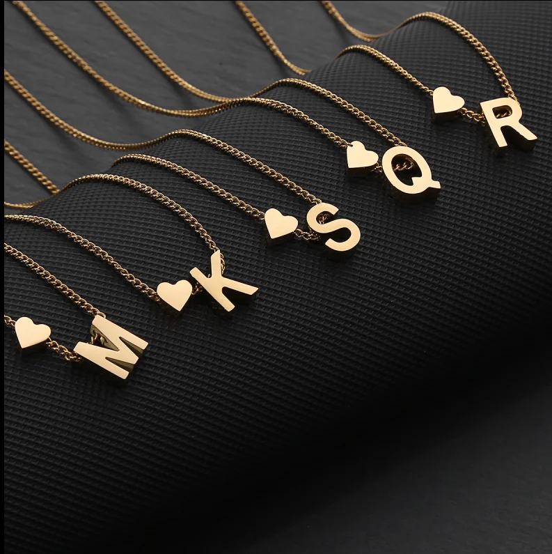 Exquisite Simple Stainless Steel Women Custom Chain Necklace Alphabet Letter Heart Pendant Necklace
