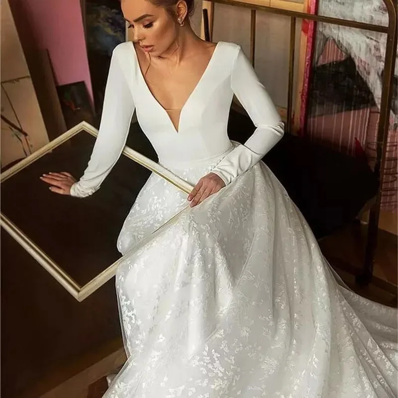 Elegant A Line Lace 2022 Vestido Novia Long Sleeve Wedding Gowns Long Sleeves Wedding Dress V Neck White Lace Wedding Dress