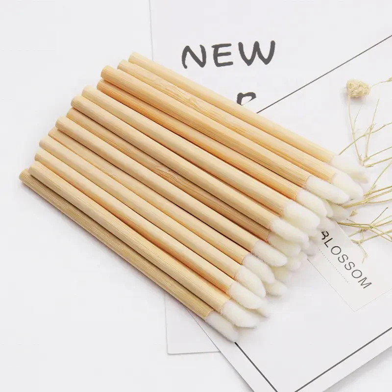 Eco Friendly Disposable Bamboo Stem Handle Flocked Head Lip Stick Gloss Make Up Brush Lip Brush