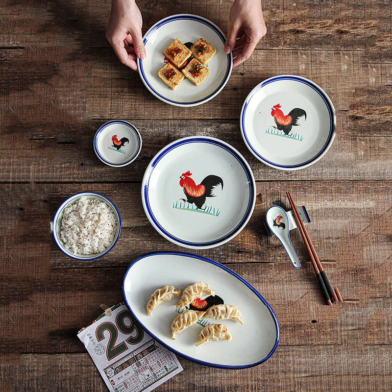 Vintage Chicken rooster design Dinner Set china Ceramic Melamine Crockery Dinnerware Sets