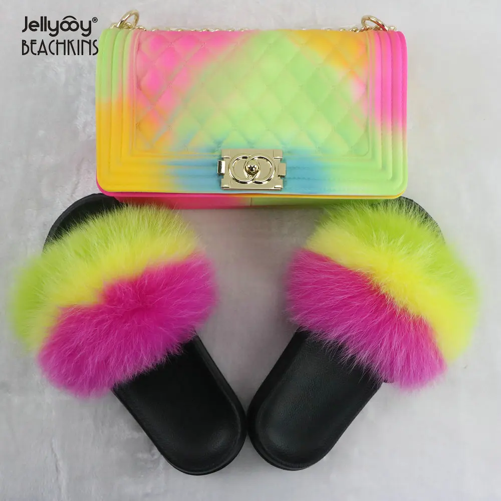 Jellyooy BEACHKINS Matte Rainbow Jelly Bag With Fox Fur Slides Sets Purse Bag Match Colorful Fluffy Fur Slippers Sandals