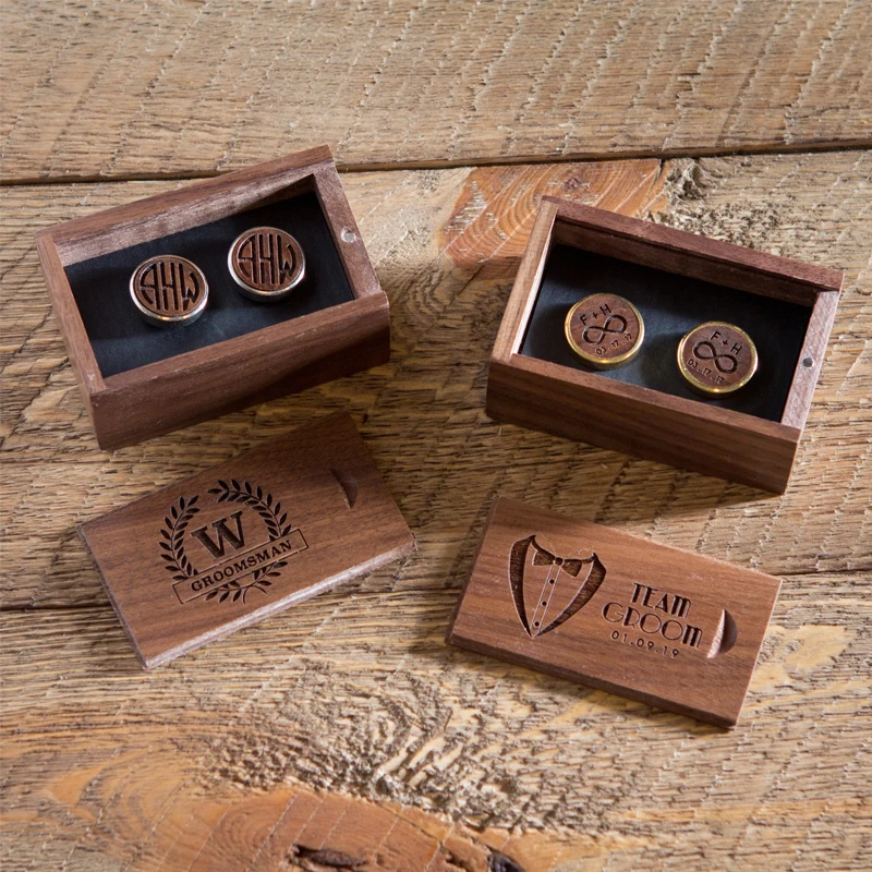 Pan Wooden Gift Box Package Box wedding gift for men custom engrave logo walnut cufflinks boxes