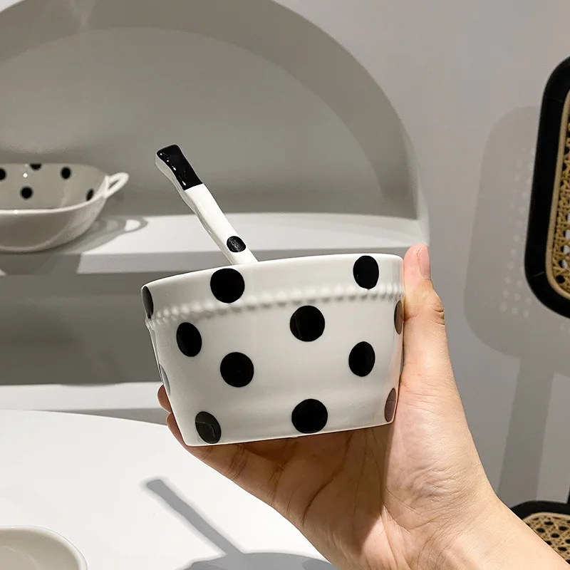 Classic European Ceramic Plate Bowl Black White Wave Dot Design Double Ear One Person Eating Suit Sets House Hold Dinners