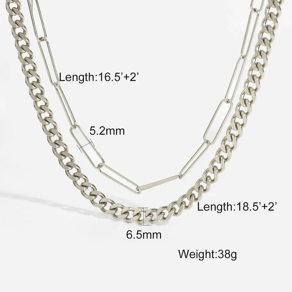 Simple Fashion 14k Gold-plated Titanium Steel Necklace Set Jewelry Long Cross Paper Clip Cuban Chain Double Necklace