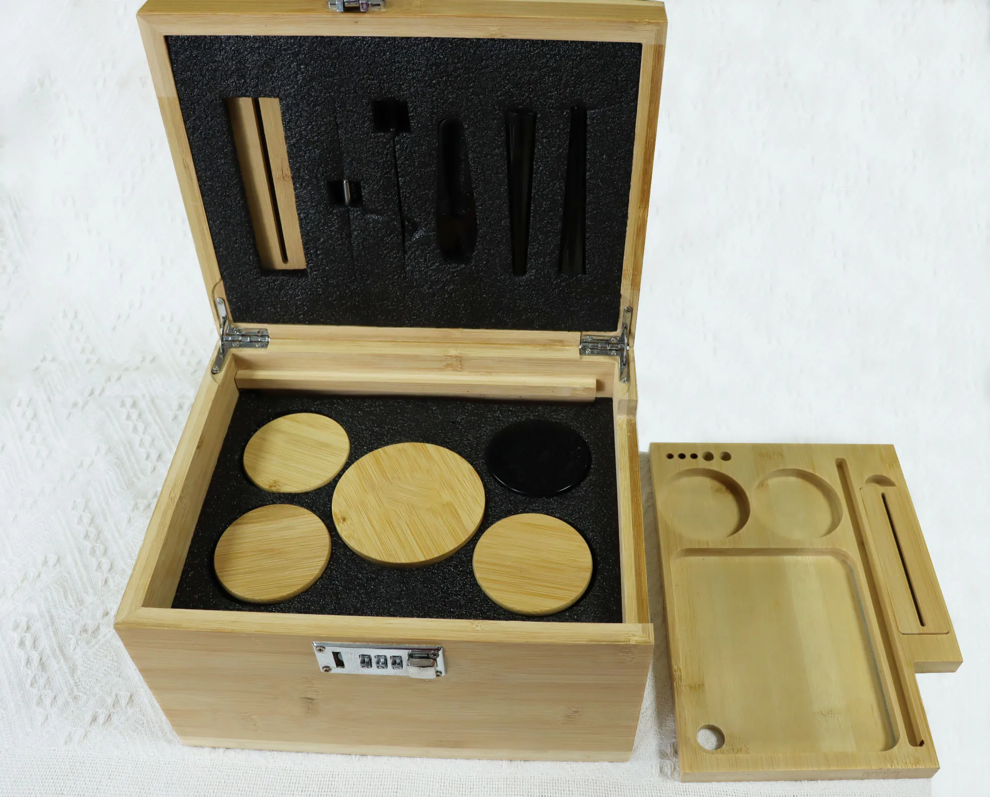 Wholesale tobacco natural black pink wooden bamboo combo lockable herb smell proof magnetic stash box with rolling tray