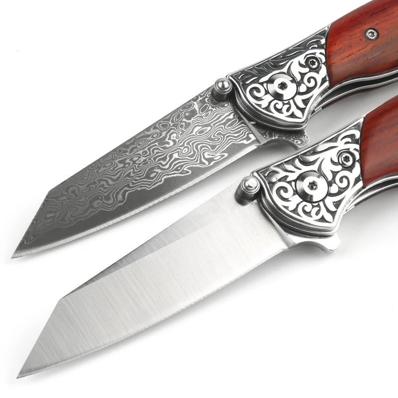 HWZBBEN Spot New Products Customized Logo Knife  Rosewood Handle Damascus Blade Camping Pocket Knife  For Portable Camping