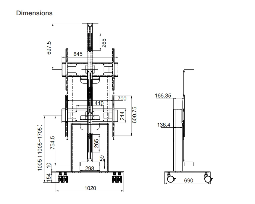 JIECANG JC35TV-S13S Load 1250N Two Columns Remote Control Motorized Vertical TV Lift Stands
