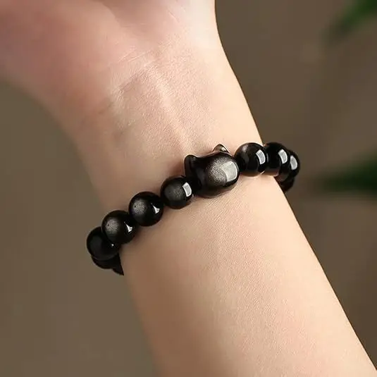 Hot Sale 8mm Silver Obsidian Stone Beaded Bracelet for Women Cute Cat Animal Design Fashion Party Gift Elastic Bracelet Jewelry