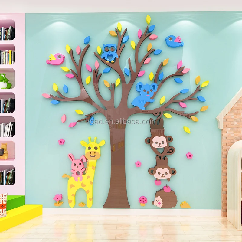 kids room forest cartoon animal acrylic wall paste monkey owl koala wall decorative mural boy bedroom kindergarten mural