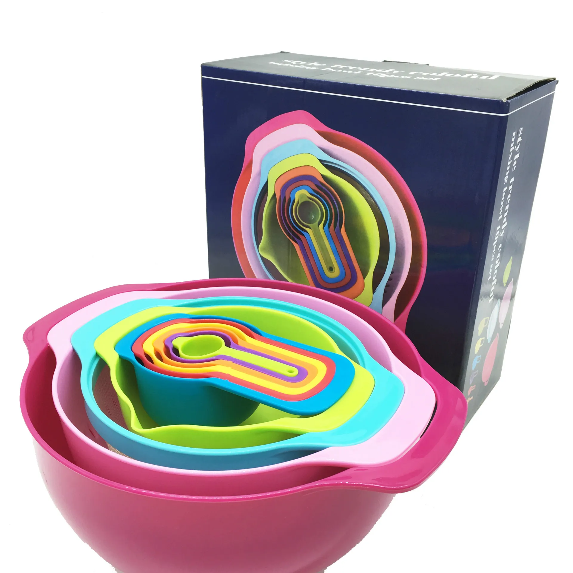 Лидер продаж, набор пластиковых кухонных измерительных инструментов для приготовления выпечки, миска для смешивания, набор из 10 пластиковых мерных чашек и ложек