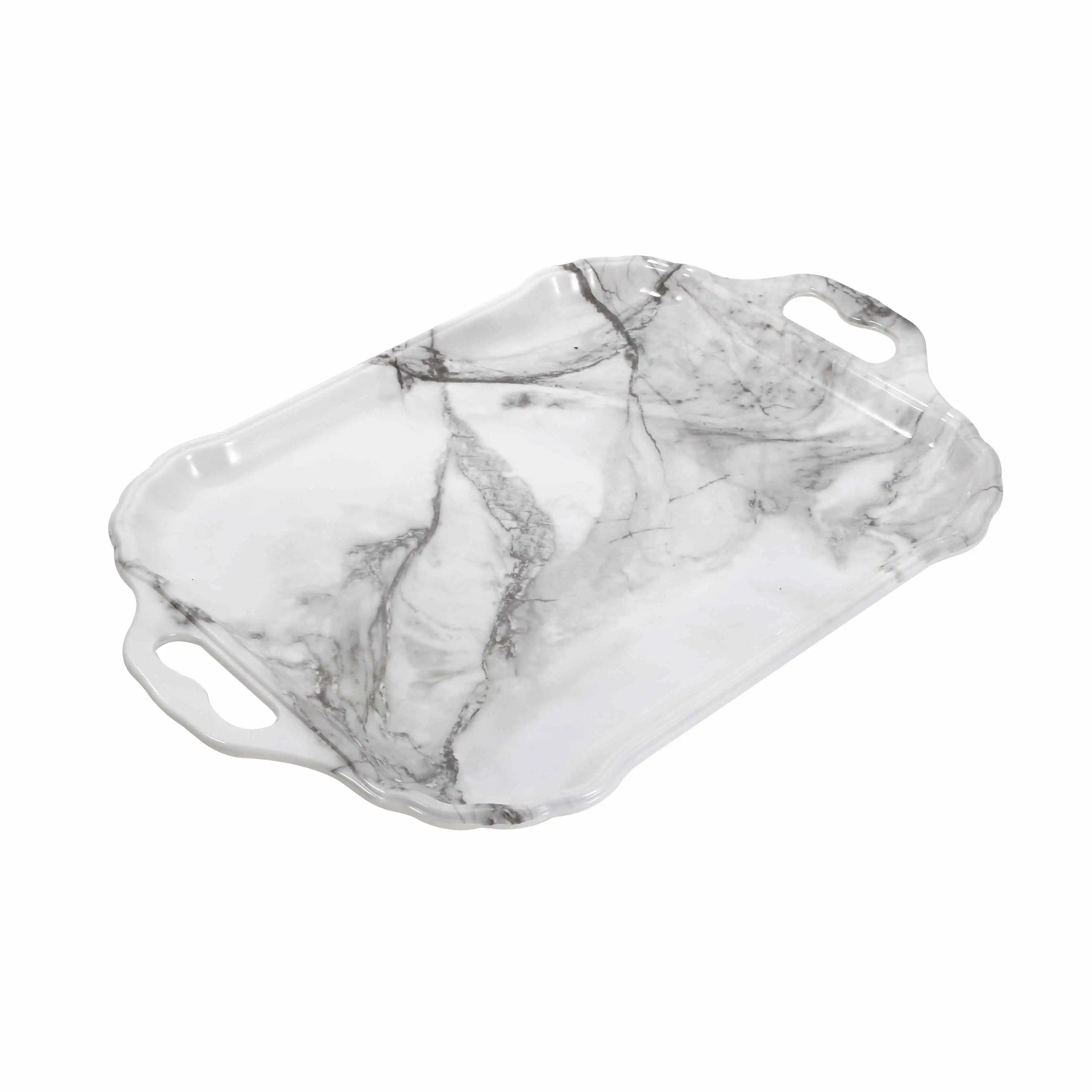 Melamine Multi-Purpose Decorative Serving Tray Set of 3 Pcs with Handles Rectangular Grey Mosaic Marble Pattern