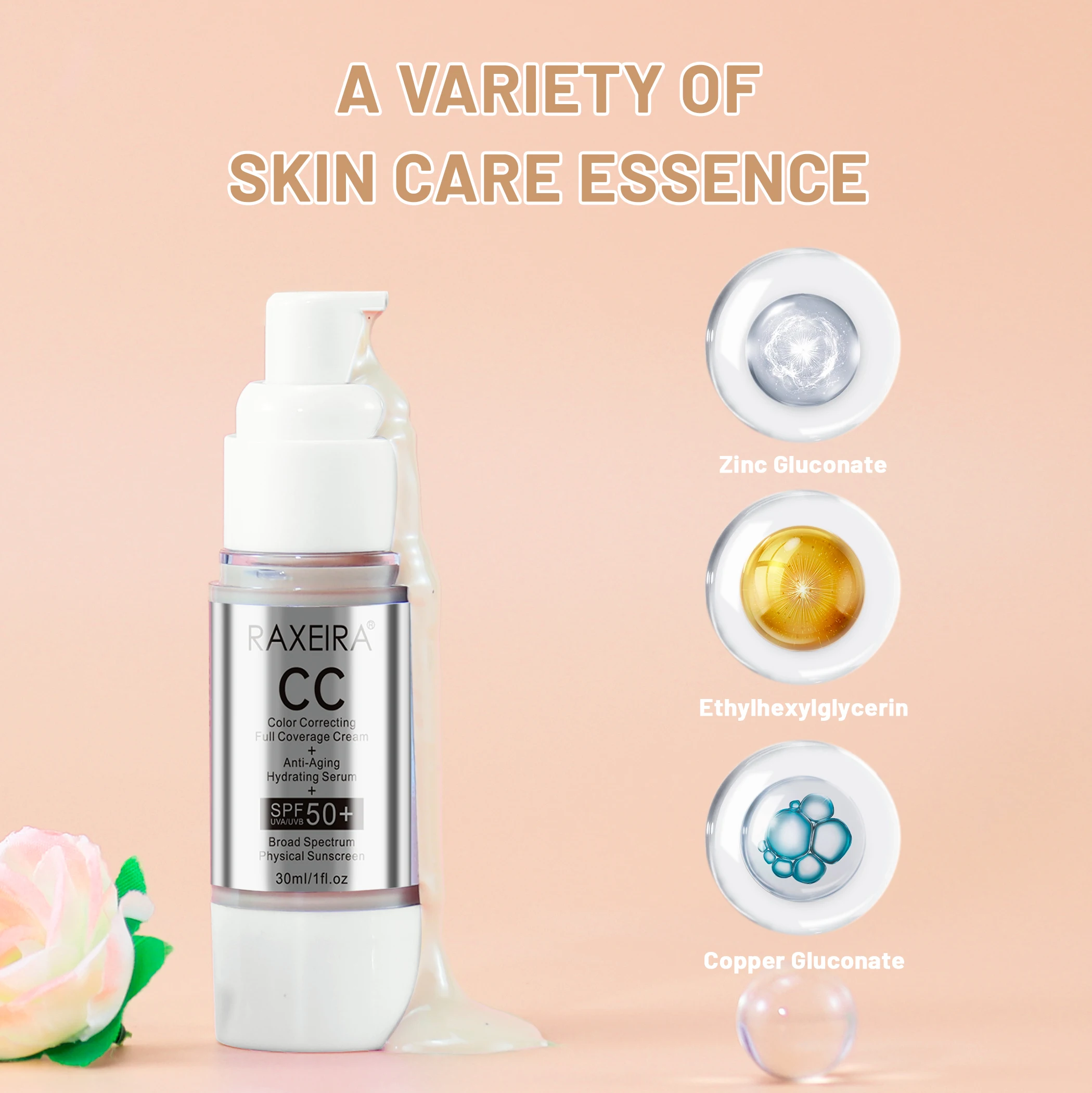 Private Label Cc Cream Foundation Spf 50 Vegan Copper Gluconate Waterproof Color Correcting Full Coverage Cc Cream