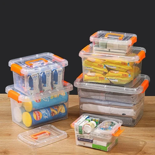 Plastic storage box with safety cover and buckle transparent durable stackable nested and organized household storage box