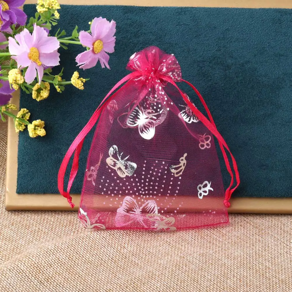 7x9cm Drawstring Silver Butterfly Organza Bag for Jewelry