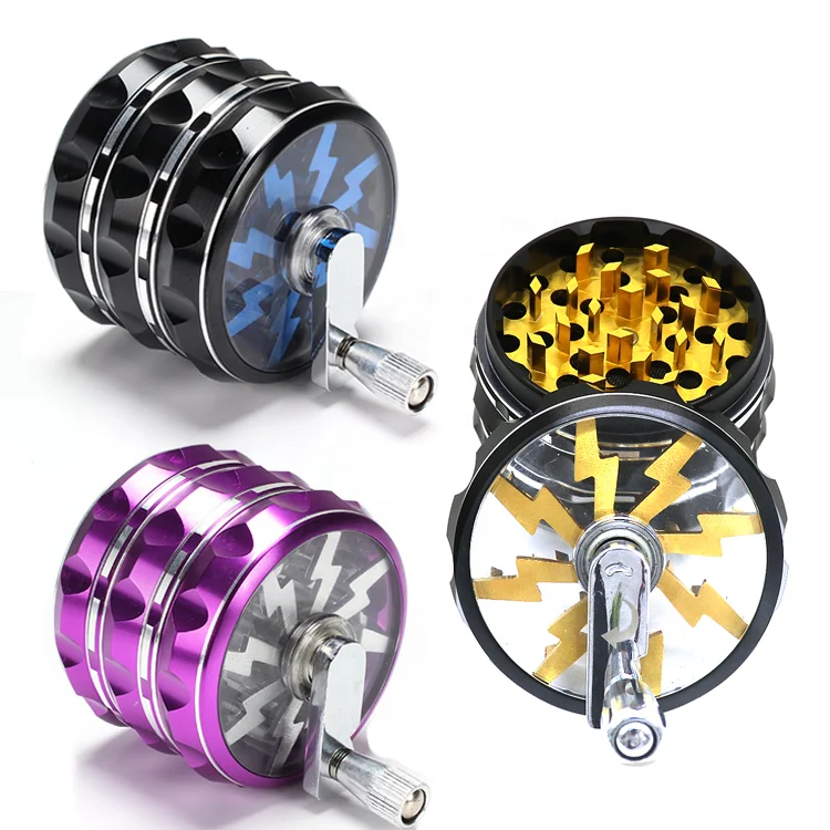 New Arrival Lighting 63mm 2.5 inch 4 Parts Aluminium Hand Crank Grinders Tobacco Herb Grinder With Handle Smoking Accessories